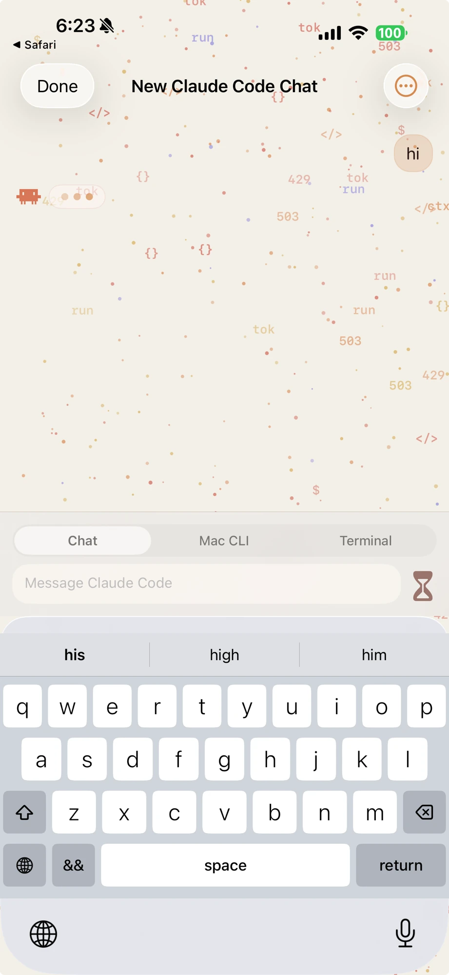 OpenBurnBar on iPhone — Agent Control with a Chat, Mac CLI, and Terminal switcher above the message box