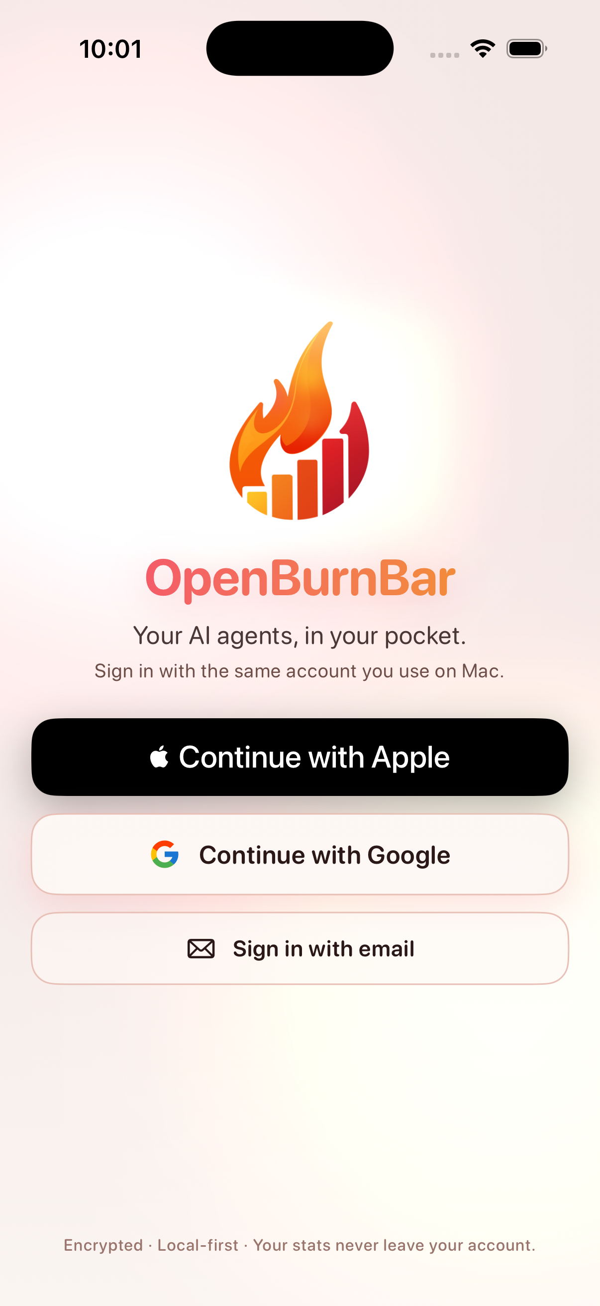 OpenBurnBar iOS app — sign-in screen with Apple, Google, and email options