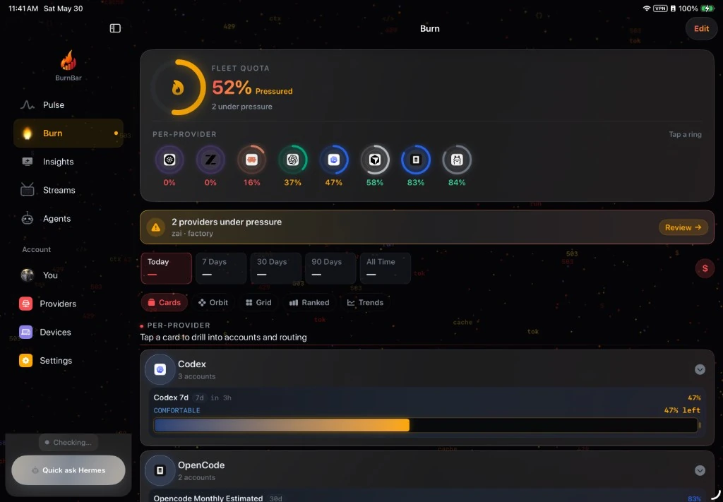 OpenBurnBar iPadOS app - Burn tab with sample fleet quota, per-provider rings, and window switcher