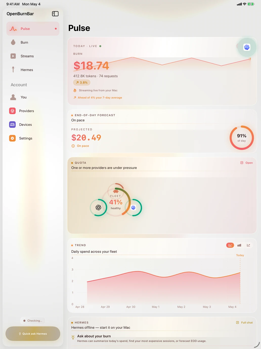 OpenBurnBar iPadOS app - Pulse tab with adaptive split-view and synthetic demo telemetry